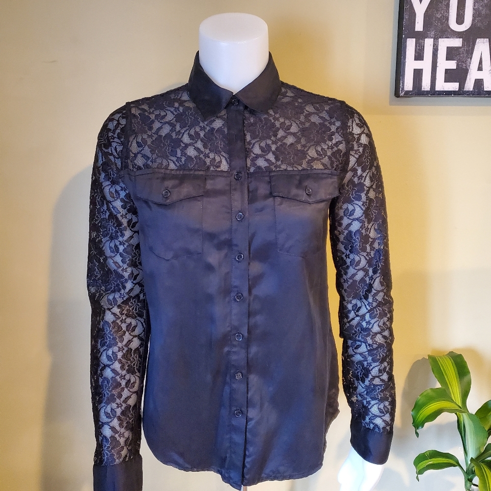 Guess lace/velvet button down shirt